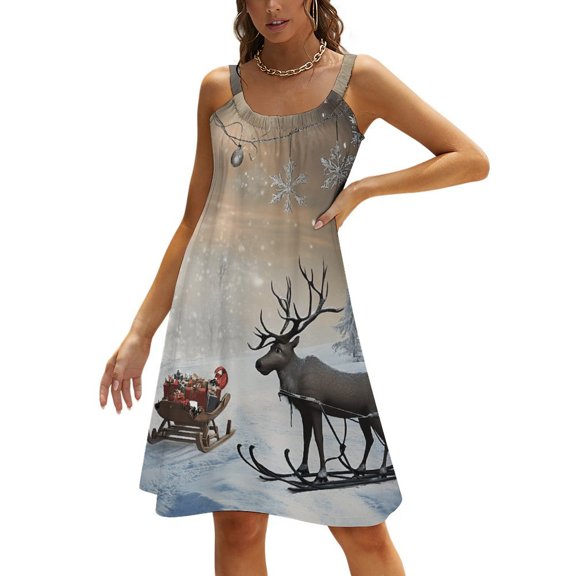Christmas Tree Elk Snowflakes Womens Summer Dresses Casual Sleeveless Tshirt Sundresses Vacation Beach Cover Up Dress