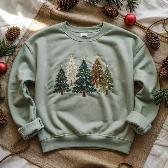Christmas Tree Embroidered Sweatshirt, Winter Trees Embroidery Shirt, Xmas Season Gifts, Green Tree Merry and Bright Embroidered, pine-tree