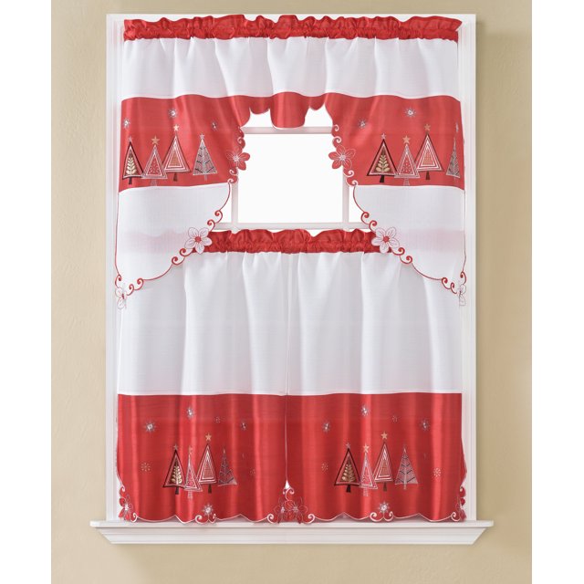 Christmas Tree Embroidered Tier and Swag Kitchen Curtain Set