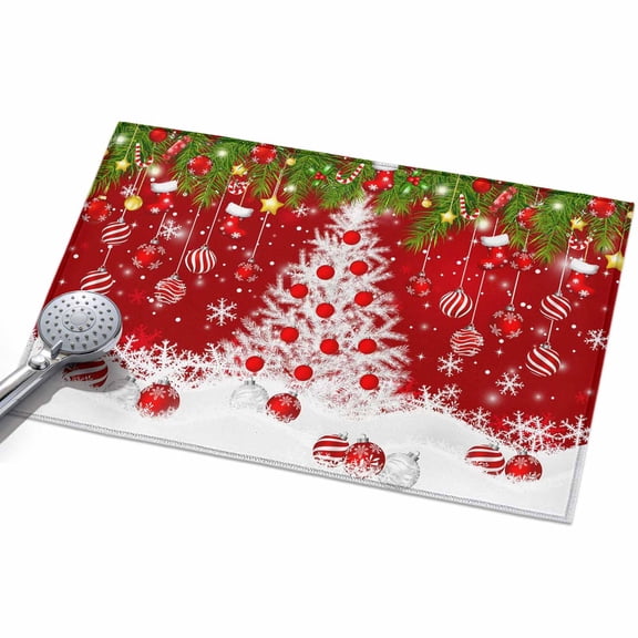 Christmas Tree Entryway Rug 2x3ft Washable Non Slip Bathroom Rug Indoor Floor Front Door Mat Xmas Red Balls Socks Pine Branch New Year Rectangle Area Rugs Carpet for Kitchen Office Dining Room