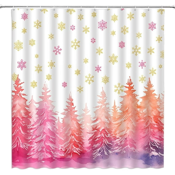 Christmas Tree Extra Long Shower Curtain, Pink Pine Tree Golden Snowflake Watercolor Winter Holiday Xmas Nature Rustic Bathroom Home Curtain Decor with Hooks,70" Wx84 H
