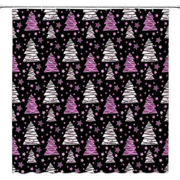 Christmas Tree Extra Long Shower Curtain, Purple Xmas Pine Tree Star Winter Holiday Festival Forest Teens Rustic Bathroom Home Curtain Decor with Hooks,70" Wx84 H