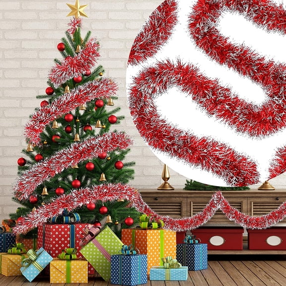 Christmas Tree Extra Thick Snowy Tinsel Garlands Decorations Streamers Holiday Celebrate Party - 1 Strands x26.24 ft (Red)