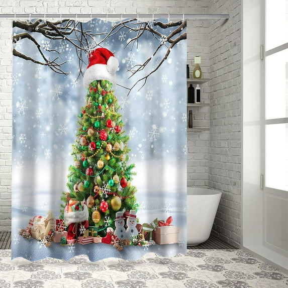 Christmas Tree Fabric Shower Curtain for Bathroom,Xmas Snowflakes Snowman Custom Shower Curtain Set with Hooks,Xmas Theme Luxury Bathroom Curtains Waterproof Polyester Bathroom Accessories,36x72inch