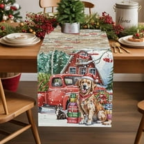 Christmas Tree Farm Truck Dog Table Runner 13x48in Non-Slip Cotton Linen Table Runners, Snowy Farmhouse Wooden Dresser Scarves TableRunner for Dinner Kitchen Dining Wedding Party
