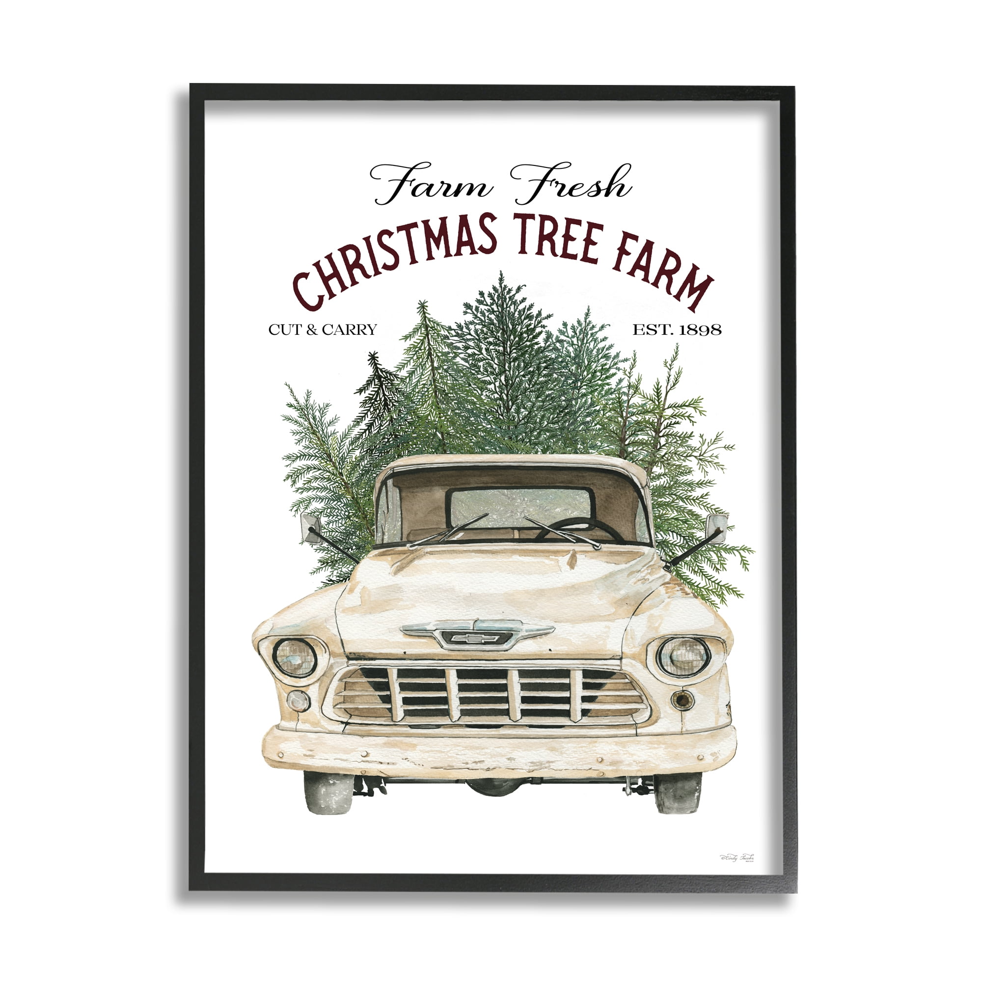 Christmas Tree Farm Vintage Car Holiday Signage Transportation Graphic Art Framed Art Print Wall Art