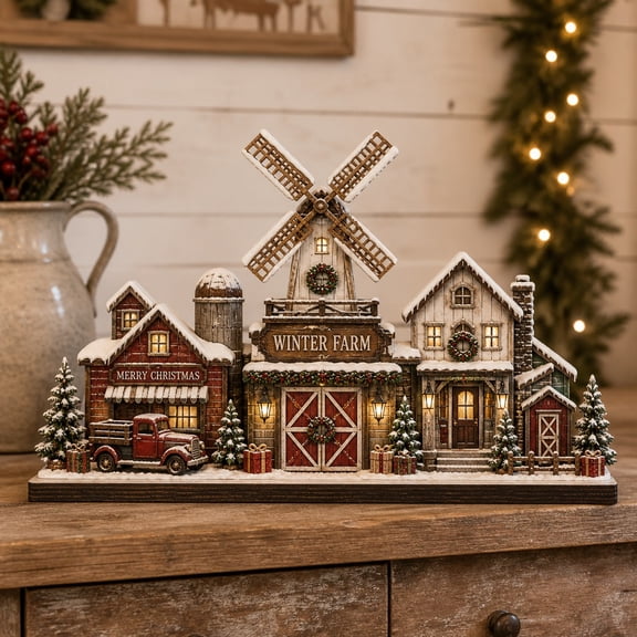 Christmas Tree Farm Wooden Shelf Sitter Rustic Windmill Winter Scene for Mantel or Shelf Holiday Decor