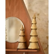 Christmas Tree Figurine Gold Wooden, Tree Figurines Decorative for Tabletop, Small Glittered Golden Xmas Trees Figurines for Christmas Mantle Indoor Decor