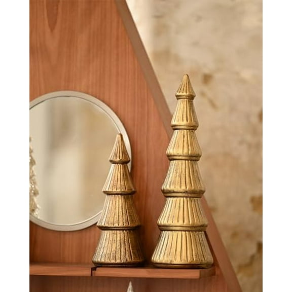 Christmas Tree Figurine Gold Wooden, Tree Figurines Decorative for Tabletop, Small Glittered Golden Xmas Trees Figurines for Christmas Mantle Indoor Decor