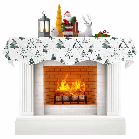 Christmas Tree Fireplace Mantel Scarf Table Runner, Xmas Green Cartoon Tree Snowflakes Farmhouse Winter Garland Mantel Top Tablerunners Dresser Scarves Cover Decorations for Party Living Room 60"x17"