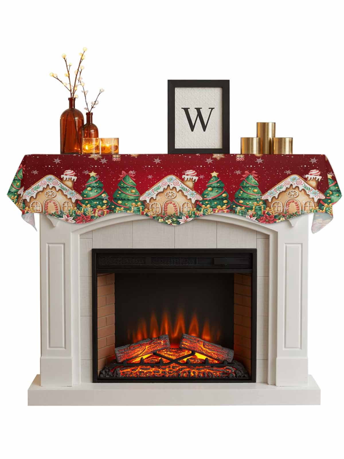 Christmas Tree Fireplace Mantle Scarf, House Xmas Winter Snowflake ...