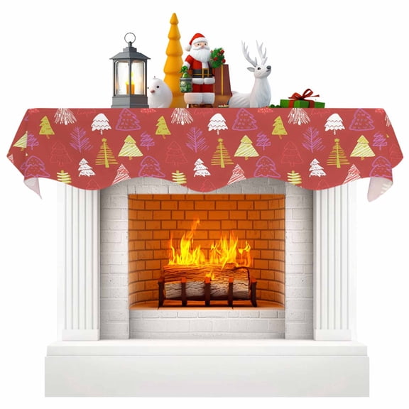 Christmas Tree Fireplace Mantle Scarf, Red Gold Yellow Modern Cartoon Style Mantel Cover Table Runner for Home Living Room Door Window, Indoor Outdoor Holiday Party Decor 17" x 60"