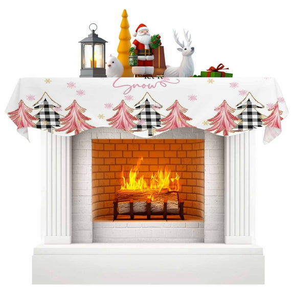 Christmas Tree Fireplace Mantle Scarf, Winter Xmas Yellow Pink Snowflake Mantel Cover Table Runner for Home Living Room Door Window, Indoor Outdoor Holiday Party Decor 17" x 60"