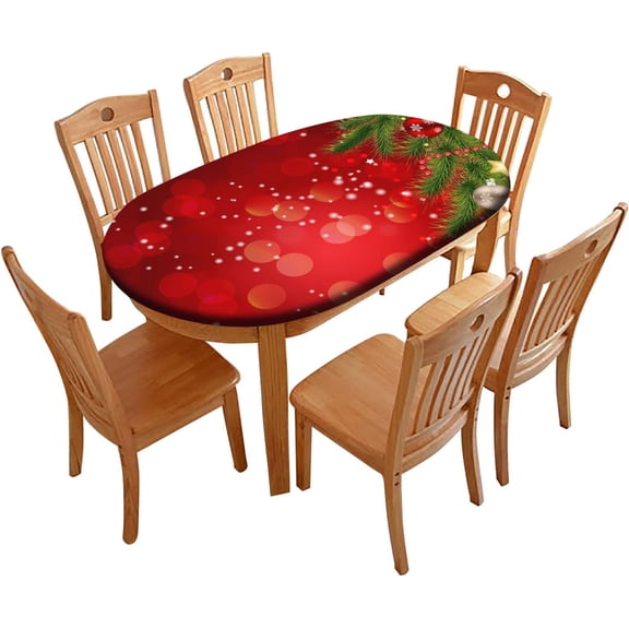 Christmas Tree Fitted Table Cover, Red Ball and Snowflakes Pattern Print Oval Tablecloths, Polyester Elastic Cloths for Family Banquet Patio Use, 48x68 Inch Tables