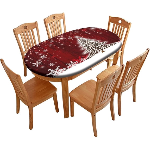 Christmas Tree Fitted Tablecloth Oval, 48'''' X 68'''' Patriotic Elastic Edge Table Cover, Windproof Table Cloths Indoor Restaurant Outdoor Terrace Dining Table Decoration Table Cover