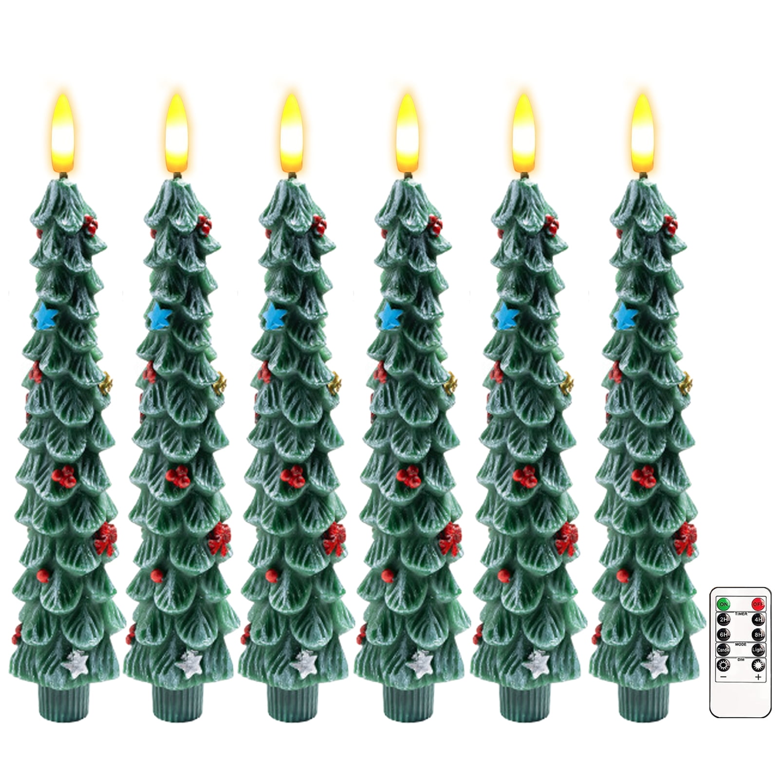 Christmas Tree Flameless Candles, 6PCs Flickering LED Taper Candles with Remote & Timer, Dimmable Electric Candlesticks Battery Operated, Real Wax Christmas Candles for Home Holiday Decor