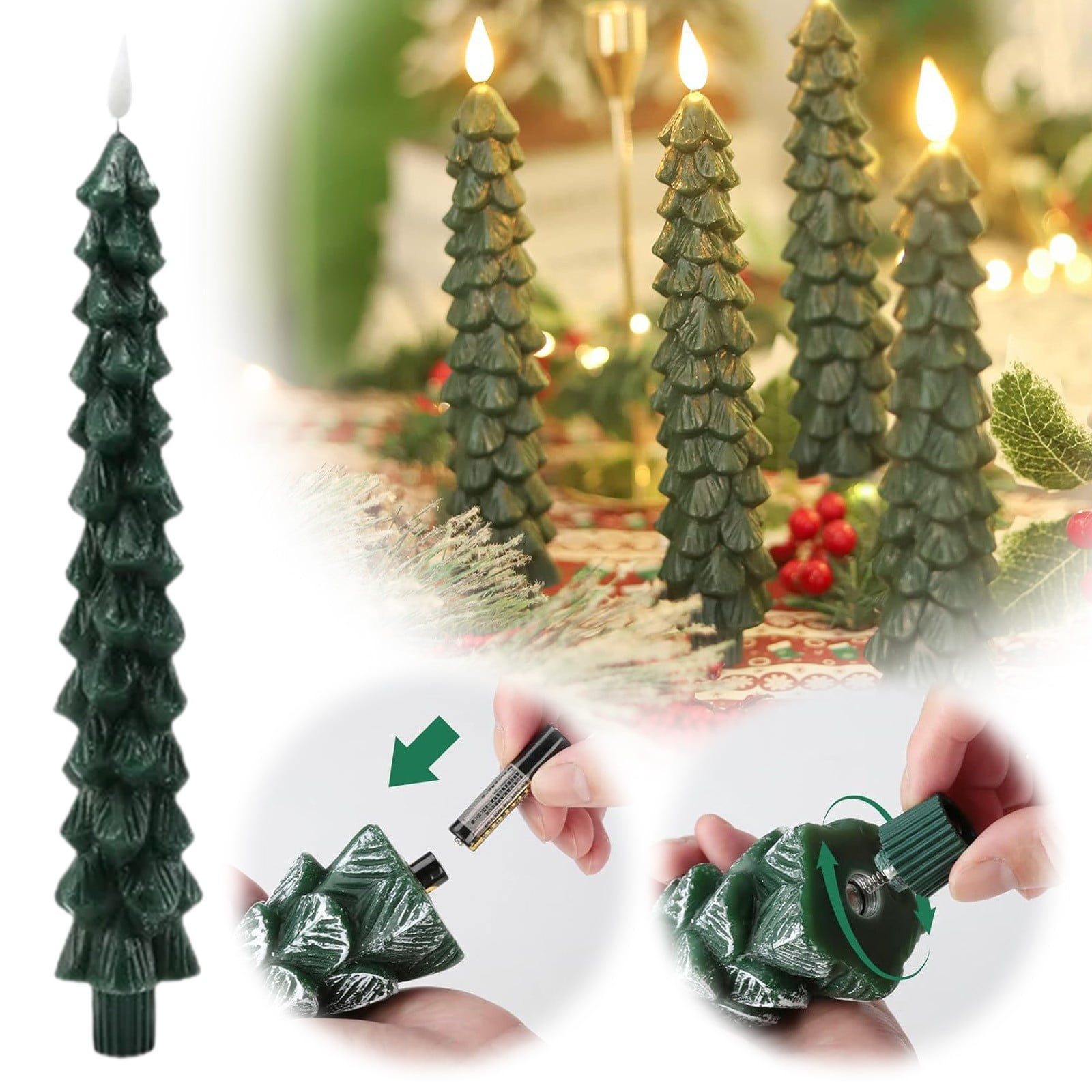 Christmas Tree Flameless Candles, Christmas Tree Candles, Christmas Taper Candles with 3D Flame, Christmas Flameless Candles, Christmas Tree Candles with Remote for Christmas Home Decoration(10 In)