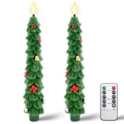 Christmas Tree Flameless Candles with Remote and Timer, Real Wax Battery Operated 3D Wick LED Taper Candles Flameless Flickering Candles for Christmas Holiday Decor2 PCS