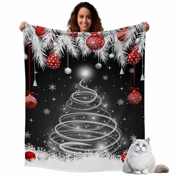 Christmas Tree Flannel Blanket for Bed,Travel and Camping, Fir Leaf Xmas Balls Super Soft Cozy Blanket for All Seasons 30"x40"