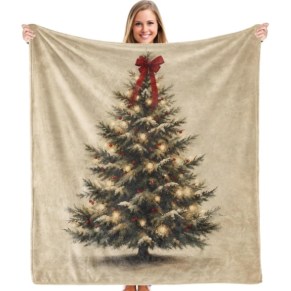 Christmas Tree Flannel Blanket for Couch Bed with Red Bow Holiday Decor Throw Blanket