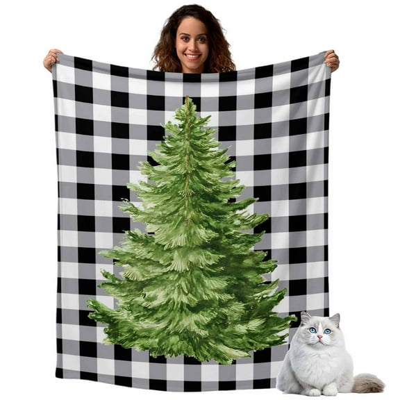 Christmas Tree Fleece Throw Blanket Lightweight Winter Black And White Plaid Xmas Fuzzy Flannel Throws Super Soft Cozy Flannel Blanket for Couch, Sofa, Bed, Travel 60"x80"