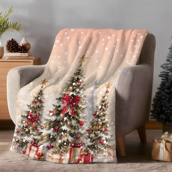 Christmas Tree Fleece Throw Blanket Lightweight Winter Pine Tree Bow Ball Snowflake Gift Boxes Fuzzy Flannel Throws Super Soft Cozy Flannel Blanket for Couch, Sofa, Bed, Travel 30"x40"