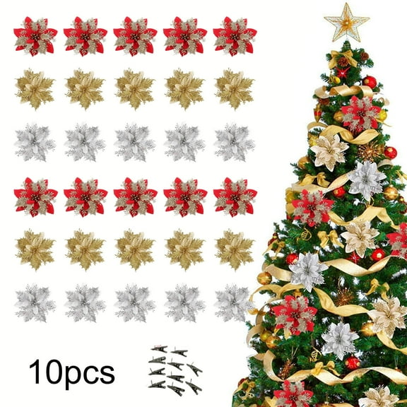Christmas Tree Flower Decorations Set | 10pcs Artificial Poinsettia Ornaments with Clips | Red Gold Silver | 5.5in Plastic Floral Accents | Holiday Party Decor