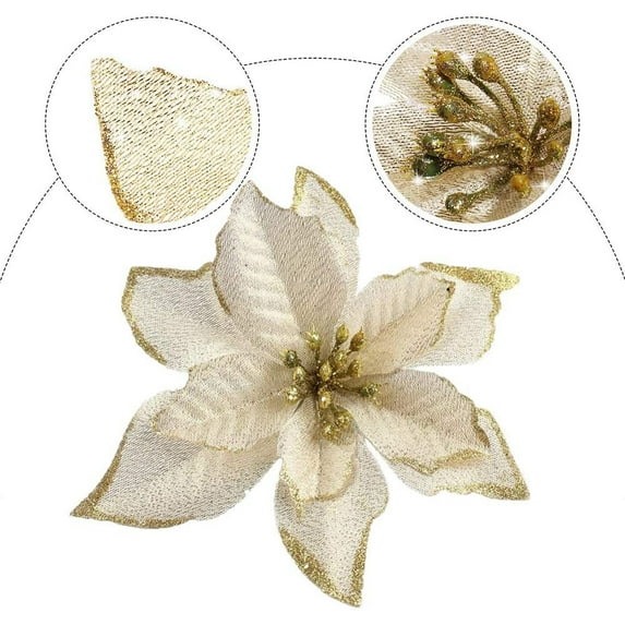 Christmas Tree Flower Glitter Red Artificial Ornament Gap Wedding Party Holiday Decoration (12 Pieces) 13*13Cm Gold