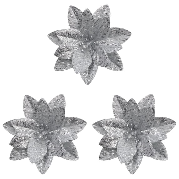 Christmas Tree Flowers 3Pcs Silver Glitter Artificial Poinsettia Cloth Decorations for Wreath Garland Floral Arrangement