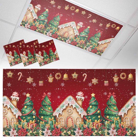 Christmas Tree Fluorescent Light Covers Gingerbread House Candy Flower Winter Snow Red Magnetic Light Filters Ceiling Lighting Panel Shade for Classroom Office Home 2 x 4 ft, 3 Pack