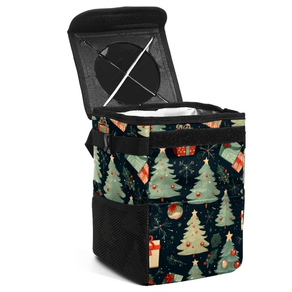 Christmas Tree Foldable Mini Trash Can for Car with Lid, Leak-Proof, and Hanging Storage Bag - Car Trash Can