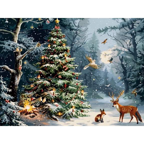 Christmas Tree in Forest Deer Fox Birds DIY 11CT Stamped Cross Stitch Kits for Beginners Easy Needlepoint Embroidery Counted Cross Stitch Art Craft for Wall Decoration 12x16inch(4)