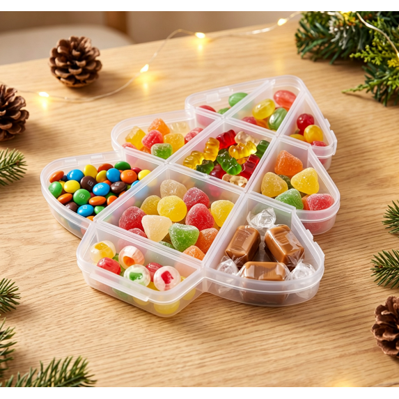 Christmas Tree Form Divided Snack Storage Box, Transparent Plastic Multi‑Grid Container for Candies, Reusable Case for Holiday Treats & Present Packing (Christmas Tree)