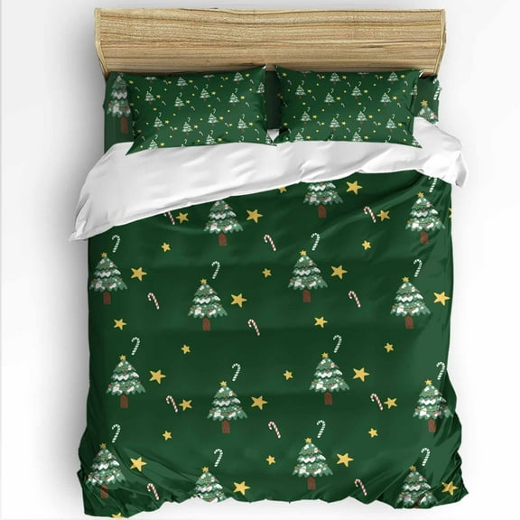 Christmas Tree Full Size Comforter Set, Crutch Sugar Stars Retro Green Soft Bedding for All Seasons, 4 Pcs Bed Set with 1Comforter (86"x86") ,1 Sheet(80"x116"), 2 Pillowcases (19"x29")