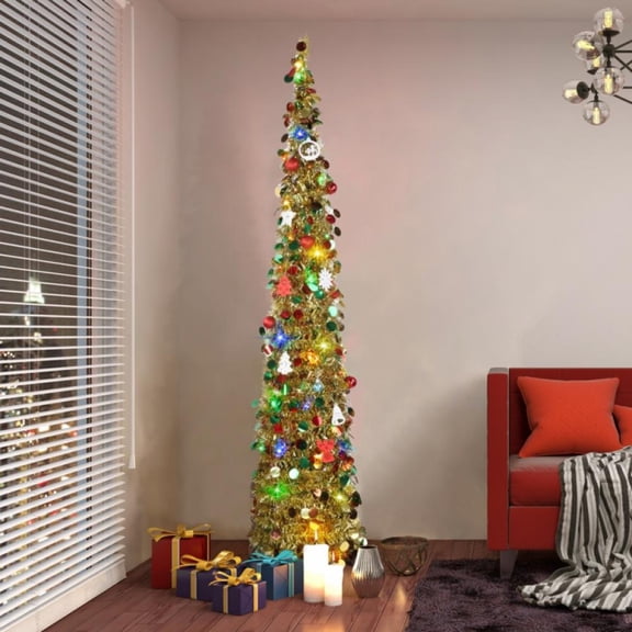 Christmas Tree Fully Decorated, Pre-lit 5 Ft Pull Up Pop Up Out of Box - Assembly Needed Holiday Decorations, Warm Lights with Stand