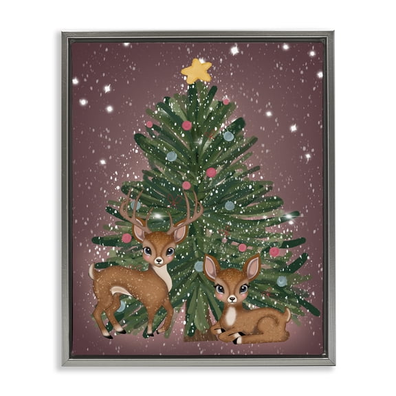 Stupell Industries Christmas Tree Fun Deer Gray Framed Floater Canvas Wall Art, design by Drew McInerney, 21 x 17