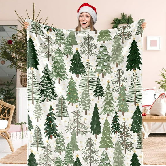 Christmas Tree Fuzzy Blanket Watercolor Green Forest Soft Throw Blanket for Winter Home Chair Sofa Bed Warm and Cozy for All Seasons, Christmas Gift, Holiday Blanket for Mom Dad