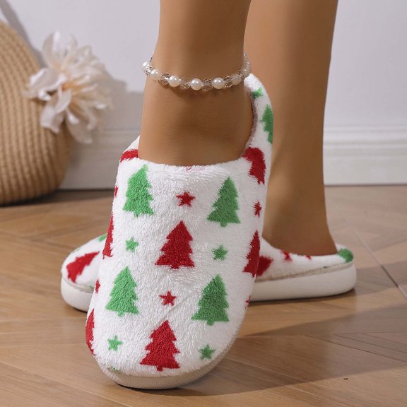 Christmas Tree Fuzzy House Slippers for Women and Men Xmas Slippers Festive Christmas Design