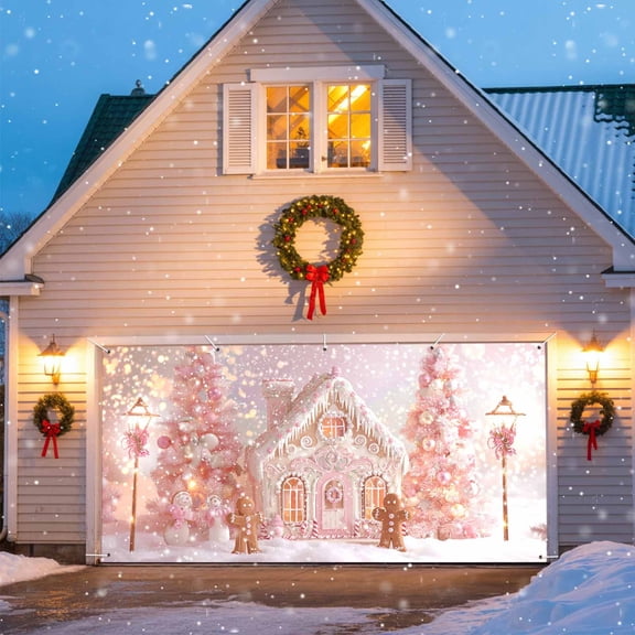 Christmas Tree Garage Door Banner Covers, Pink Xmas Ginger Bread Man House Snowflake Fantasy Large Hanging Indoor/Outdoor Backdrop Background for Christmas Winter Party Decor, 6.9x16 FT