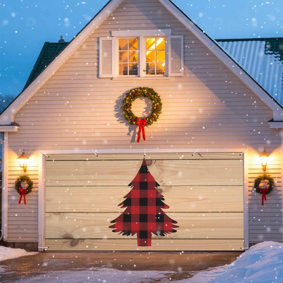 Christmas Tree Garage Door Banner Covers, Red Black Plaid Wood Stripes Texture Large Hanging Indoor/Outdoor Backdrop Background for Christmas Winter Party Decor, 6x13 FT