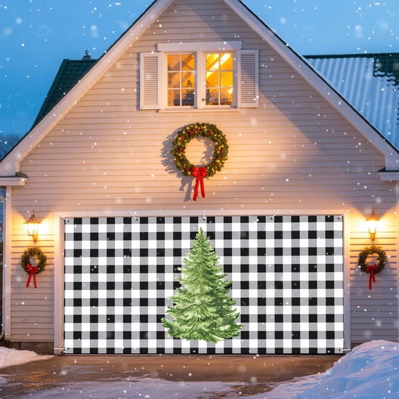 Christmas Tree Garage Door Banner Covers, Winter Black And White Plaid Xmas Large Hanging Indoor/Outdoor Backdrop Background for Christmas Winter Party Decor, 6x13 FT