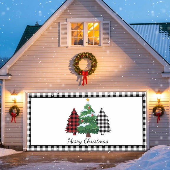 Christmas Tree Garage Door Banner Covers, Winter Merry Christmas Black White Buffalo Plaid Large Hanging Indoor/Outdoor Backdrop Background for Christmas Winter Party Decor, 6x13 FT