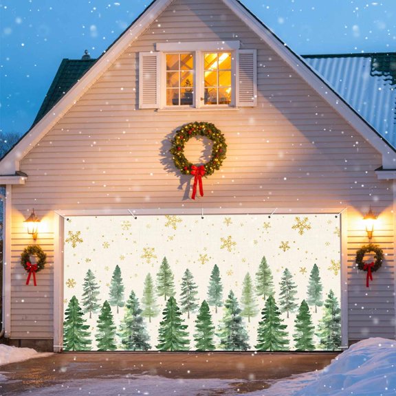 Christmas Tree Garage Door Banner Covers, Winter Xmas Pine Tree Forest Snowflakes Linen Large Hanging Indoor/Outdoor Backdrop Background for Christmas Winter Party Decor, 6x13 FT