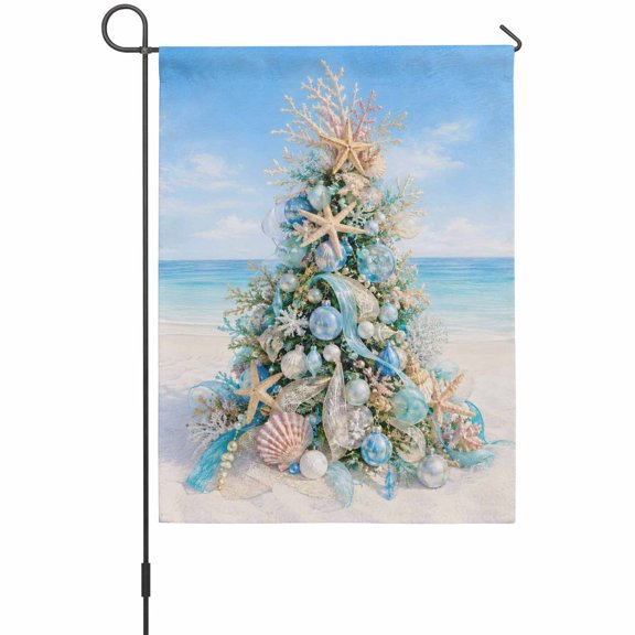 Christmas Tree Garden Flag 12 x 18 Inches, Coastal Beach Shell Starfish Coral Ball Pine Tree Weather Proof Outdoor Patio Flags Double Sided Small Garden Decoration for Yard Outside Home