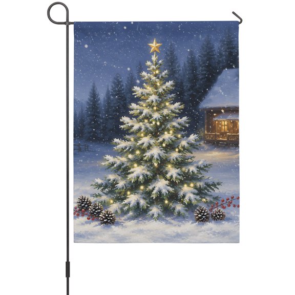 Christmas Tree Garden Flag 12 x 18 Inches, Rustic Winter Wooden Cabin Snow Landscape Weather Proof Outdoor Patio Flags Double Sided Small Garden Decoration for Yard Outside Home