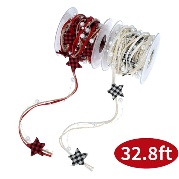 Christmas Tree Garland Christmas Beads Ribbon Tree Wired Ribbon Xmas Decorations for Garland Wreath Gift Wrapping Crafts 2 Pcs 32.8 Ft