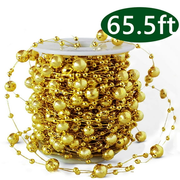 Christmas Tree Garlands Beads Decorations Plastic Tree Ribbon Pearl String Strands Chain for Christmas Wedding Decoration 65.5Ft Gold