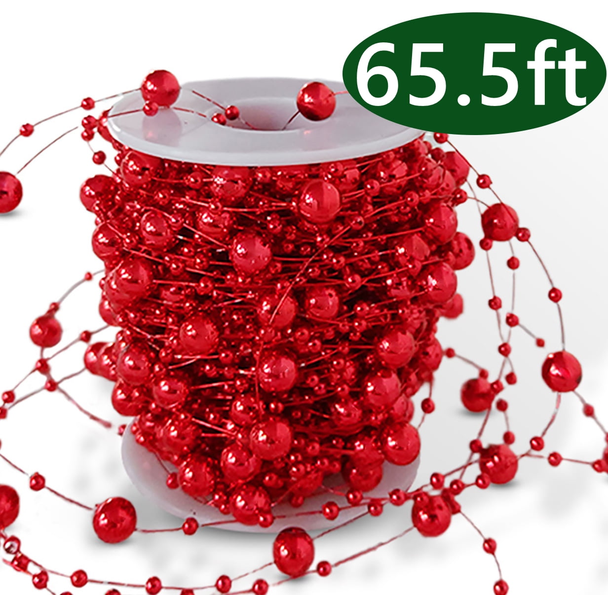 Christmas Tree Beaded Garland, Plastic Pearl Strand Chain, Red, 65.5 ...