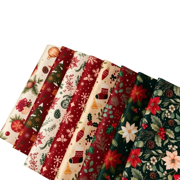 Christmas Tree Geometric Plaid Fabric, Cotton Floral Squares DIY Sewing Quilting Material for Holiday Table Runner