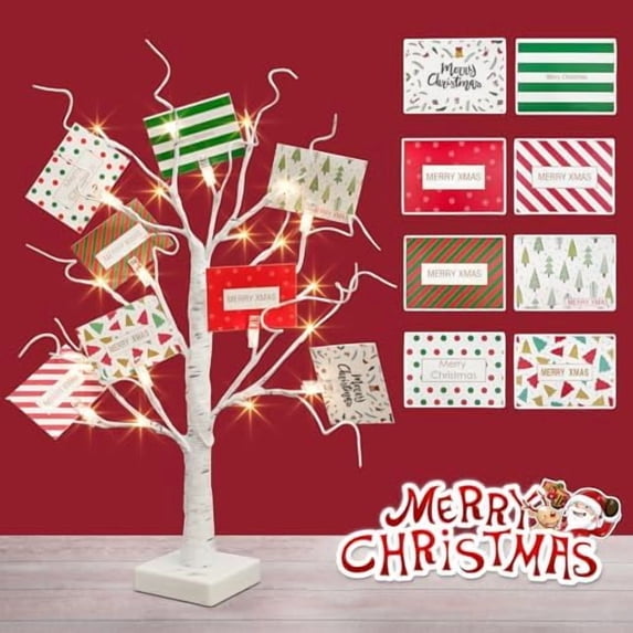 Christmas Tree with Gift Cards, Money Tree Gift Holder, White Lighted Birch Tree Tabletop 2 FT 24 LED, Light Up Display Twig Gift Card Tree with 12 Clear Clips for Home Christmas Decorations